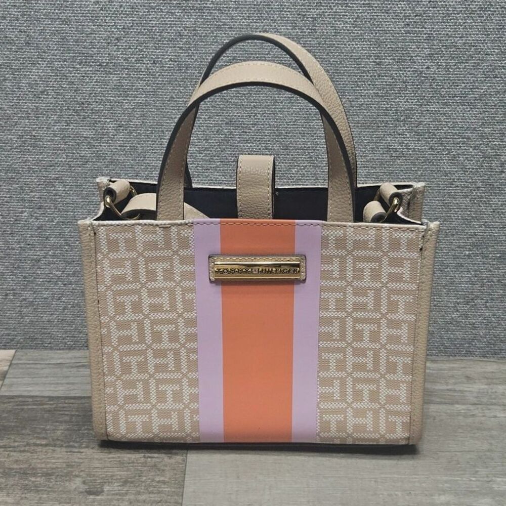 Tommy Hilfiger monogram mini tote bag TH logo jacquard pattern & center stripe